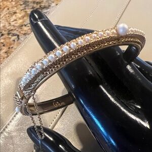 Vintage Gold Pearl Accent Hinged Bangle Bracelet - Women Jewelry